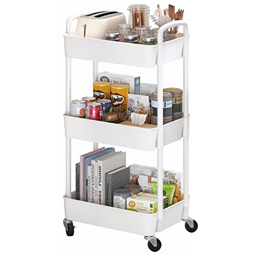 Sywhitta 3-Tier Plastic Rolling Utility Cart with Handle, Multi-Functional Storage